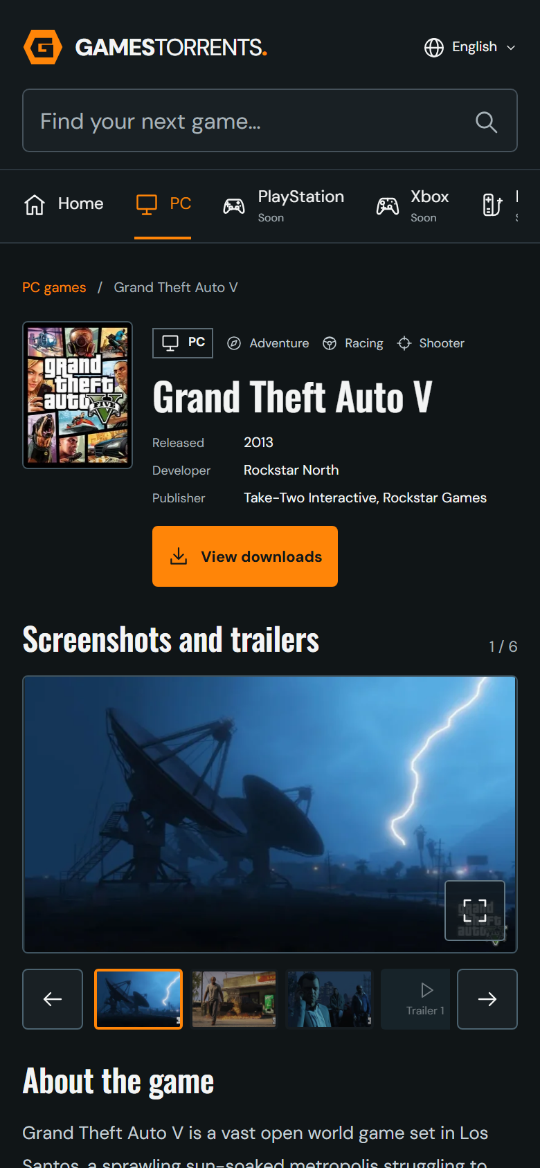 A game page on mobile