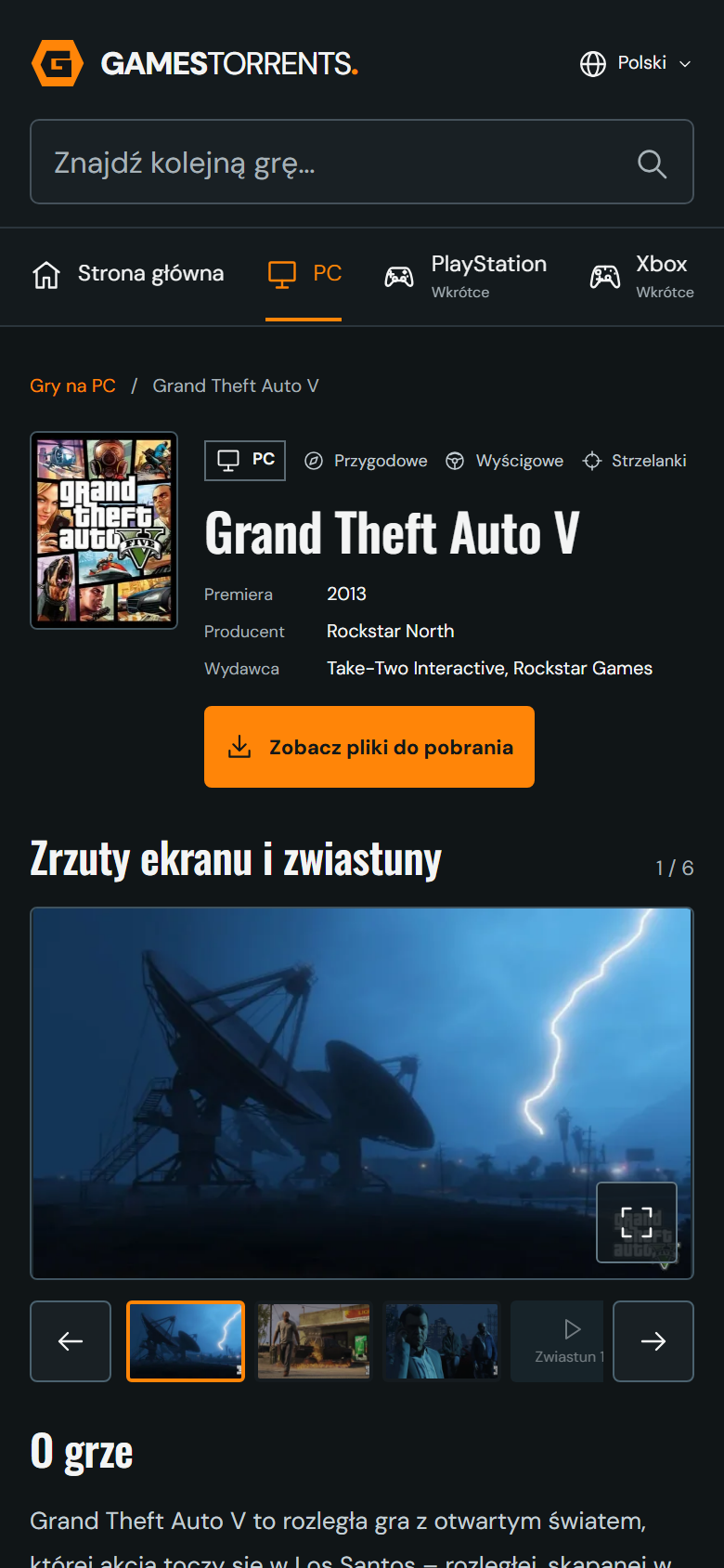 Strona gry na telefonie