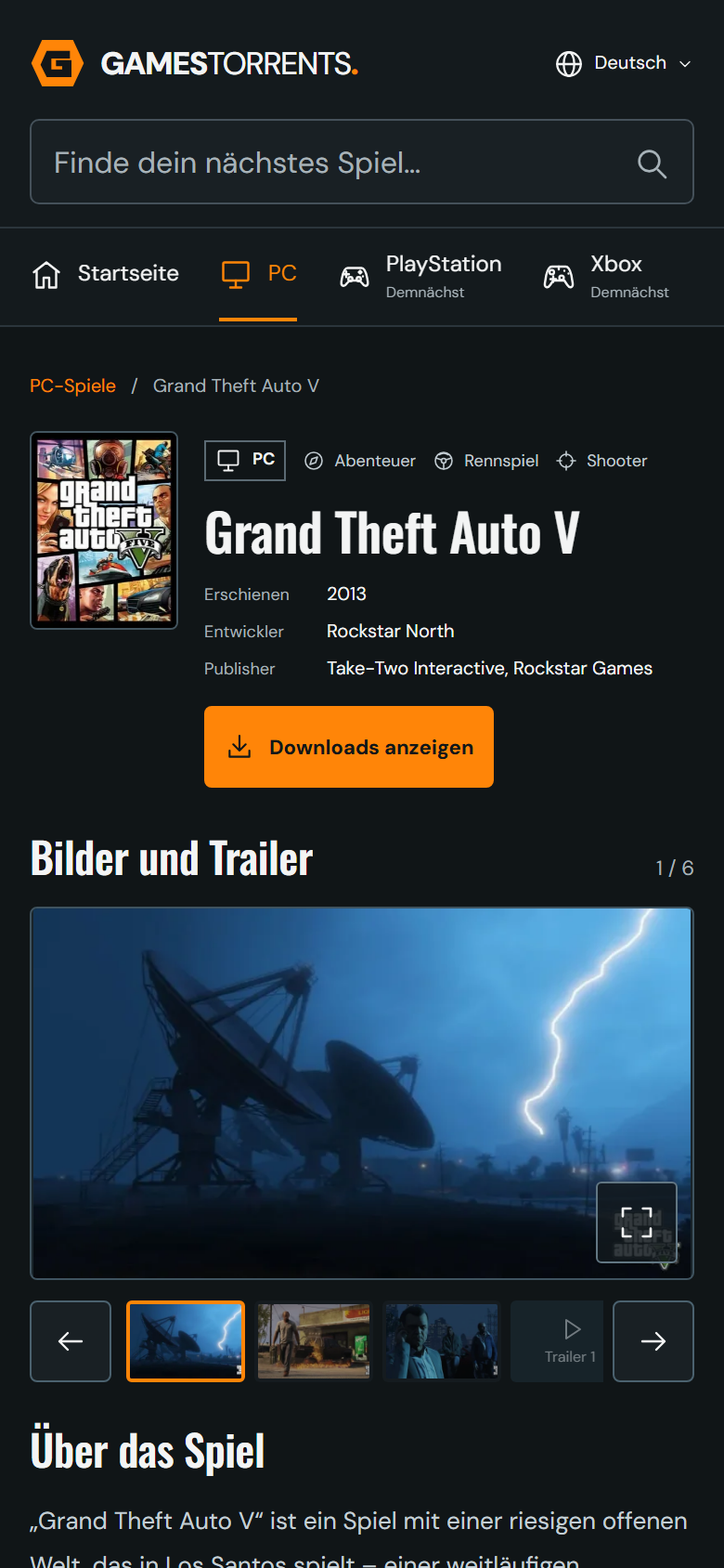 Eine Spieleseite auf dem Smartphone