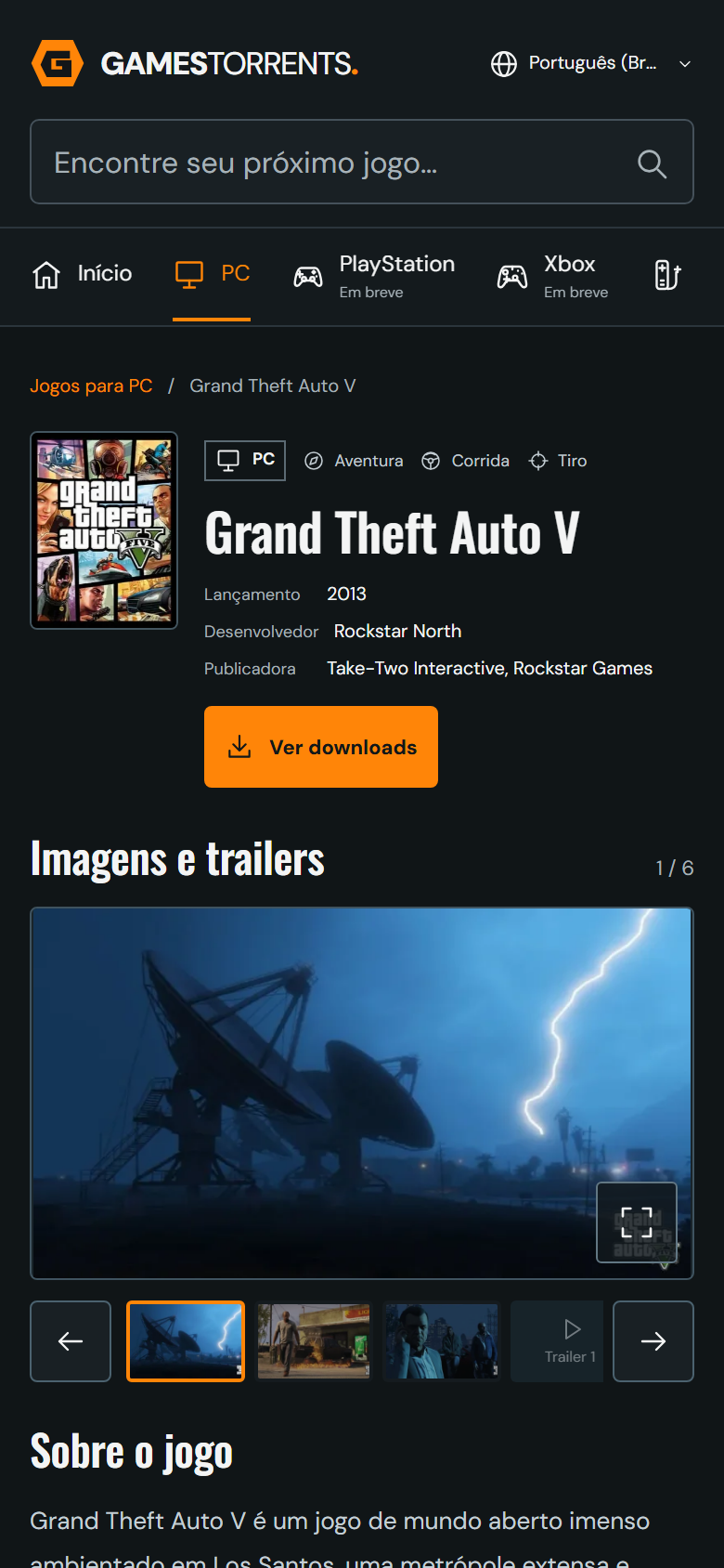 Uma página de jogo no celular