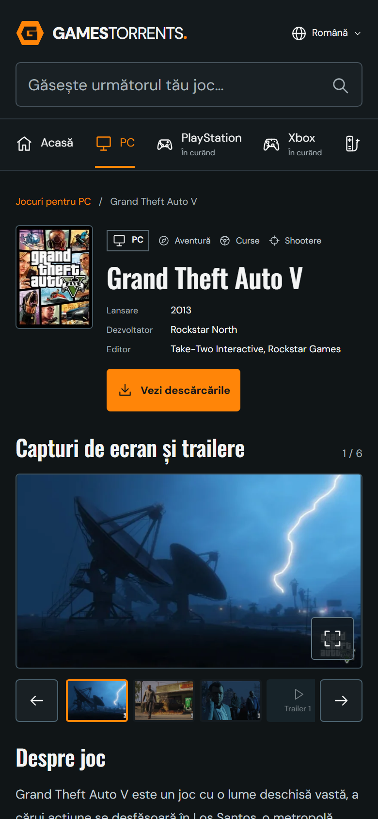Pagina unui joc pe telefon